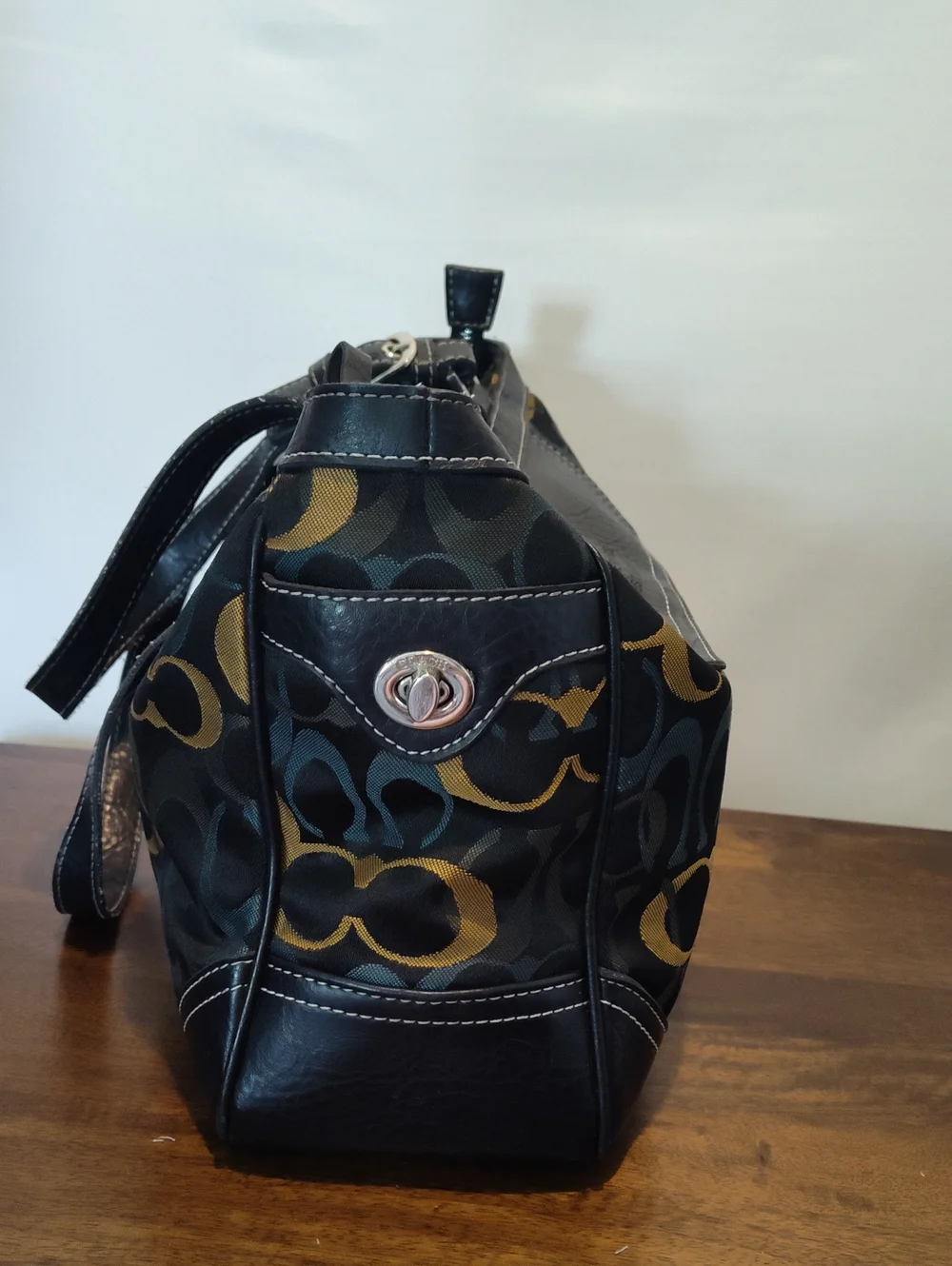 Coach Signature Shoulder Bag in Black, Blue, Green & Gold